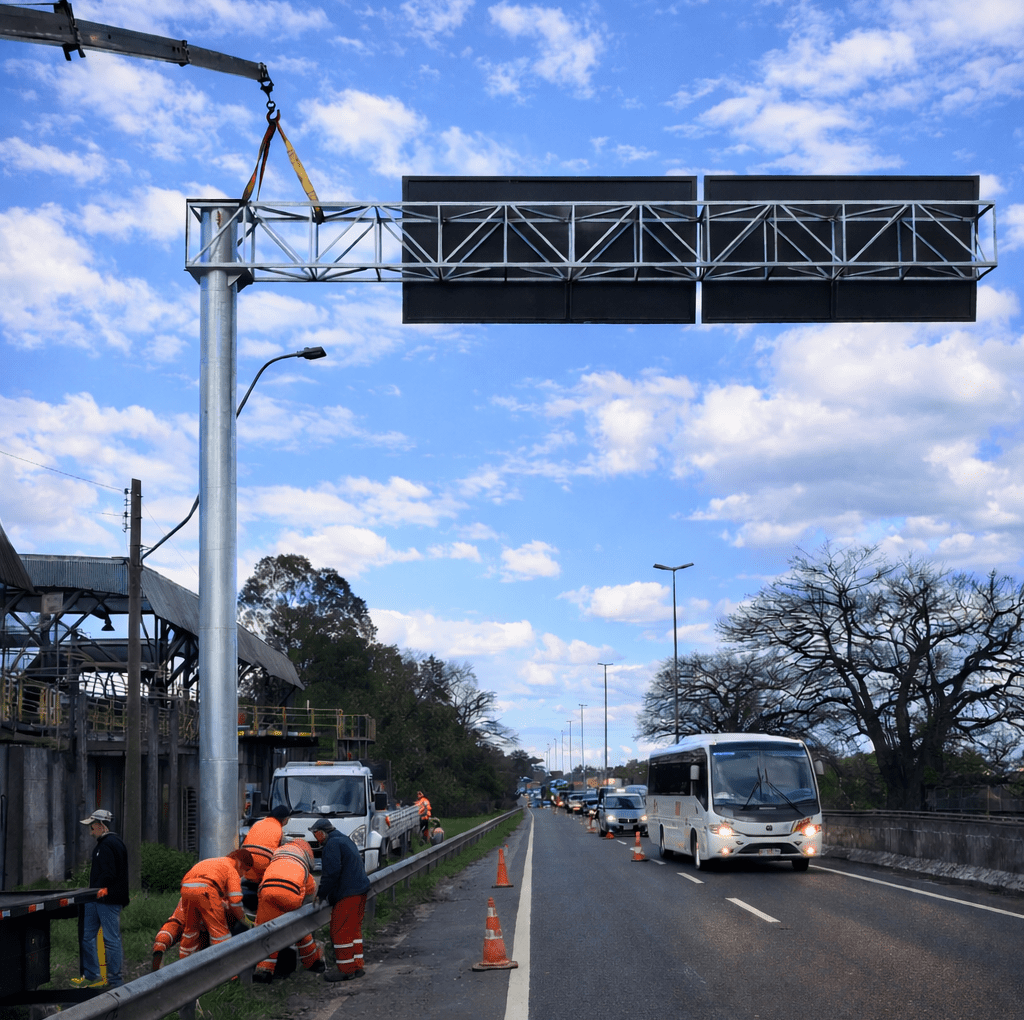 Semi-pórtico metálico instalado na BR-116 em Esteio, com equipe em obra.