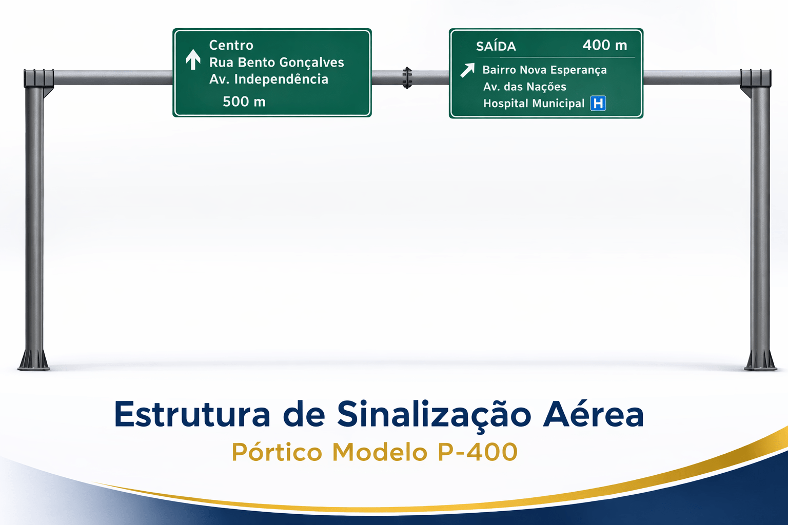 Pórtico de sinalização aérea modelo P-400 em estrutura metálica galvanizada para placas viárias