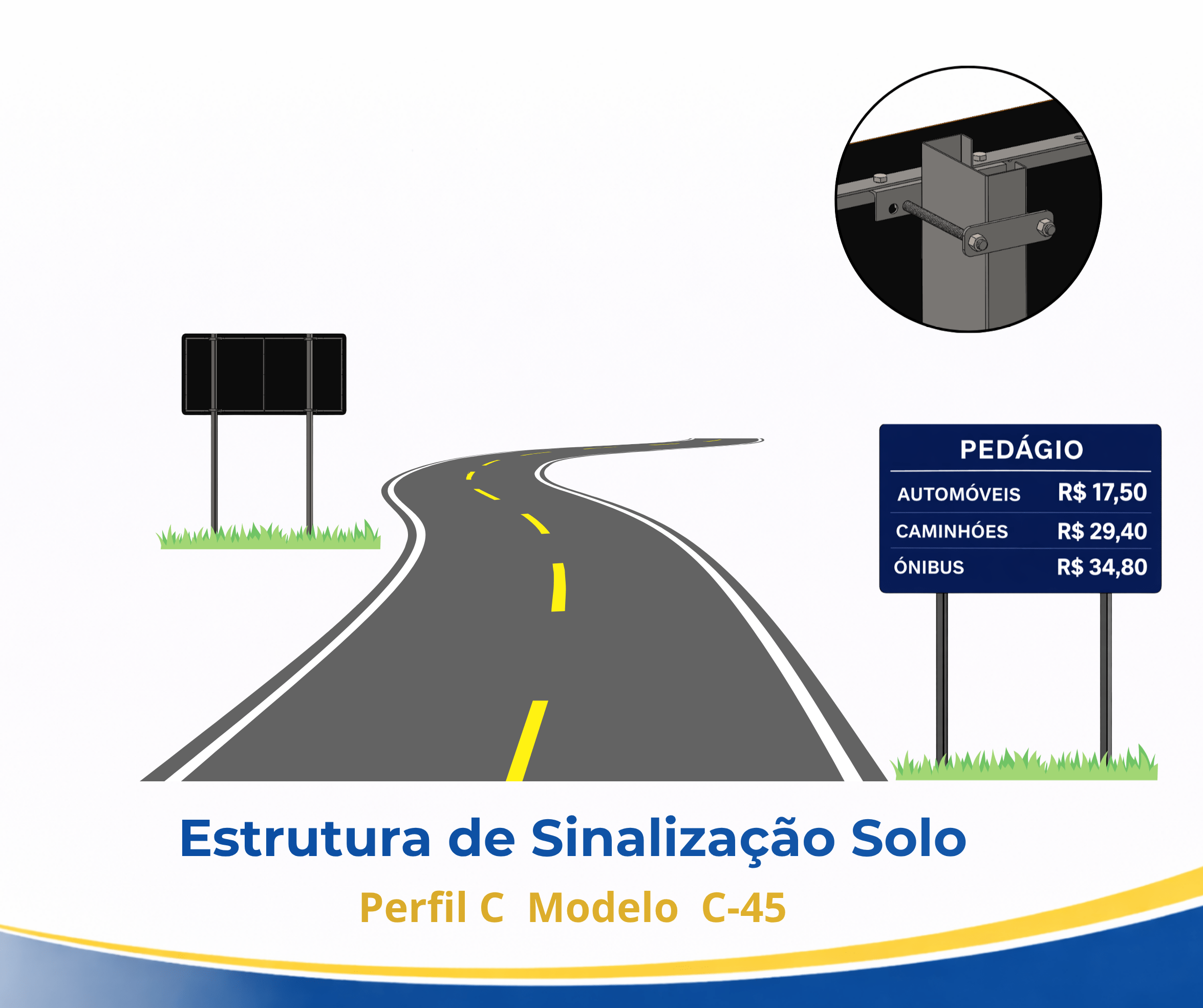 Coluna em perfil C para fixação de placas de sinalização viária