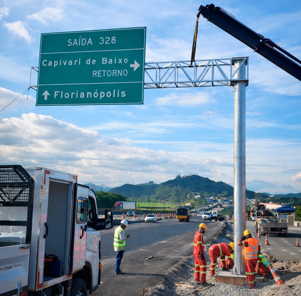 Semipórtico SP-600 em rodovia de alto tráfego com placa aérea de grande porte